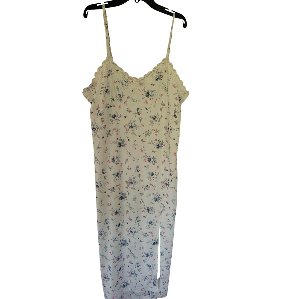 No Boundaries Floral Lace Trim Midi Slip Dress White XL Slit‎ Cottagecore #24